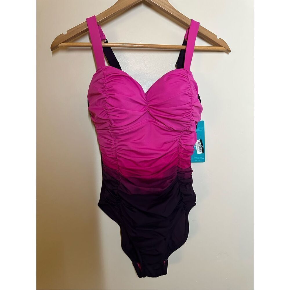 🌸 Aqua Green Pink and Purple Ruched One Piece Swimsuit Size 6 New - Picture 3 of 7